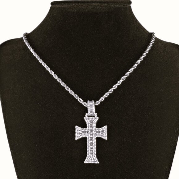 Mens 2ct Diamond 14K White Gold Cross Necklace 24" Rope Chain 14K Silver Jewelry - Picture 1 of 10